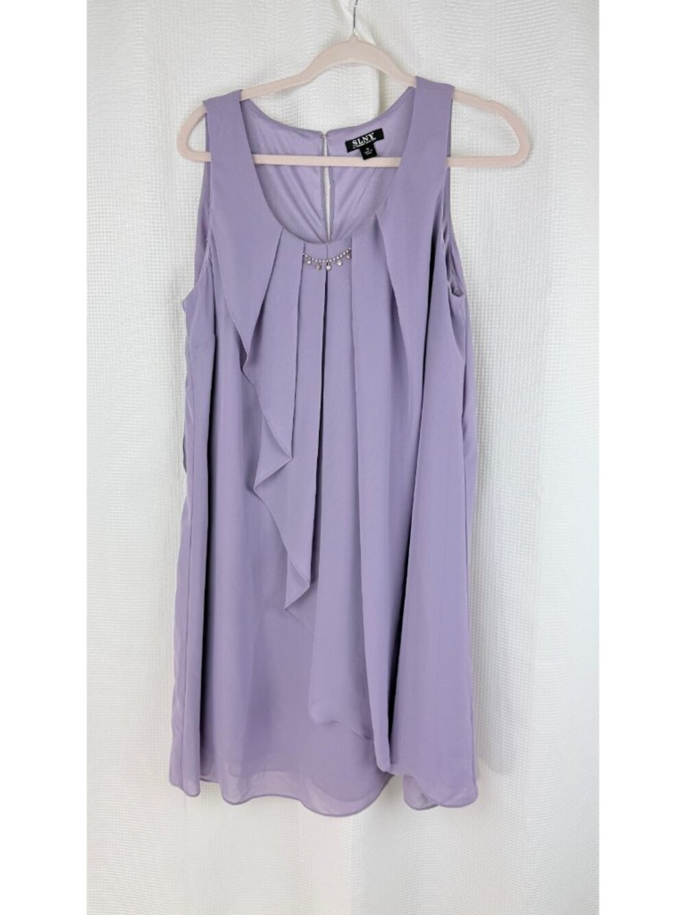 SLNY Womens Chiffon Dress Size 14 Purple Beaded Front Cascade Ruffles Sleeveless